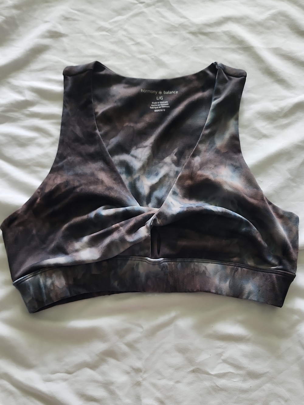 Harmony & Balance Charcoal Tie Dye Twist Keyhole Sports Bra Large